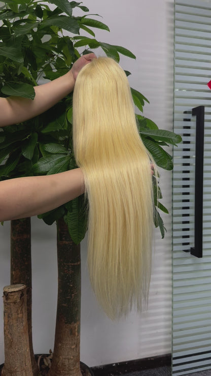 4x4 Closure Wig 613# Blonde Straight Lace Wig 100% Real Malaysian Human Hair Machine Weft